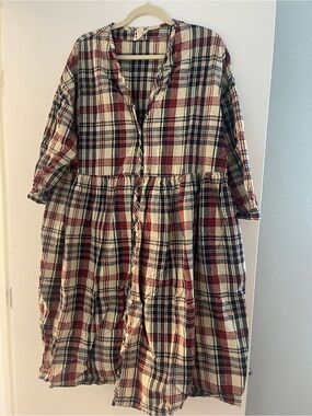 Beaton Linen Plaid House Dress, 100% Linen, Size Large